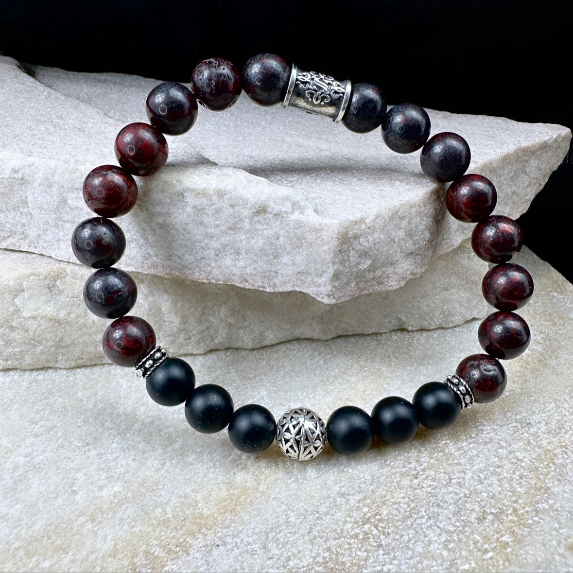 Naturstein Perlen Armband mit 925 Silber No.19
