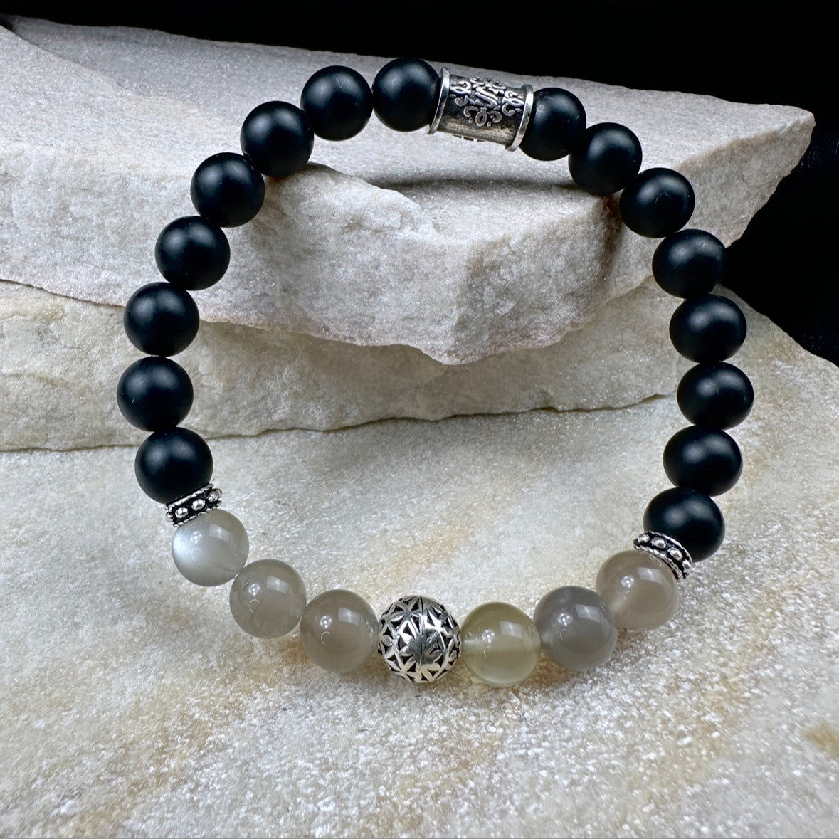 Naturstein Perlen Armband mit 925 Silber No.20
