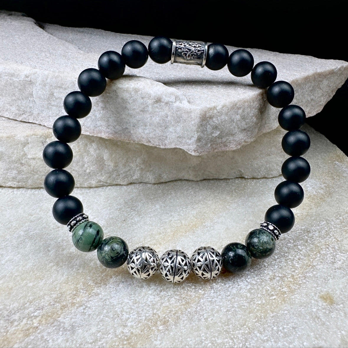 Naturstein Perlen Armband mit 925 Silber No.7