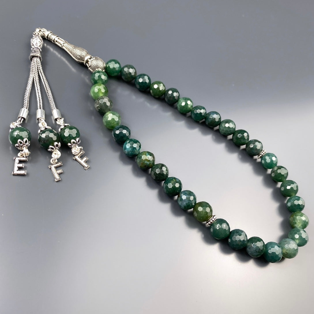 Tesbih Akik facettiert Yesil 3 Buchstaben personalisiert 925 Silber