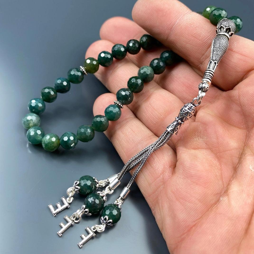 Tesbih Akik facettiert Yesil 3 Buchstaben personalisiert 925 Silber