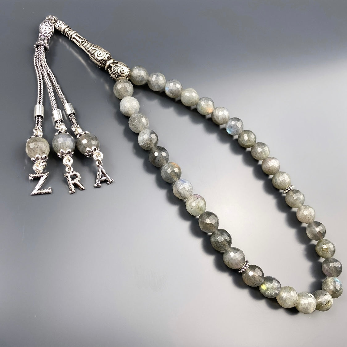 Tesbih Labradorite facettiert 3 Buchstaben personalisiert 925 Silber