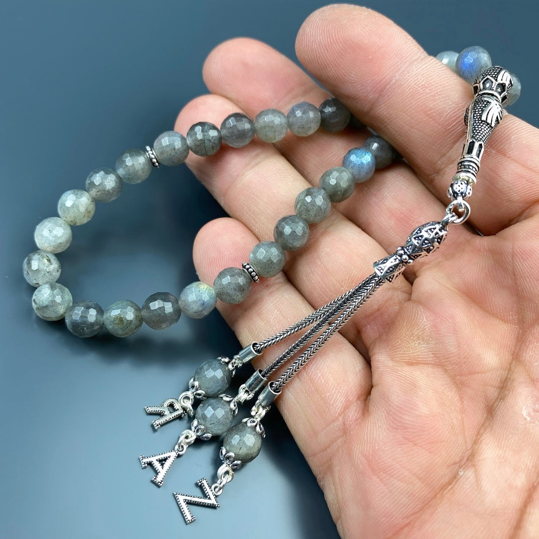 Tesbih Labradorite facettiert 3 Buchstaben personalisiert 925 Silber