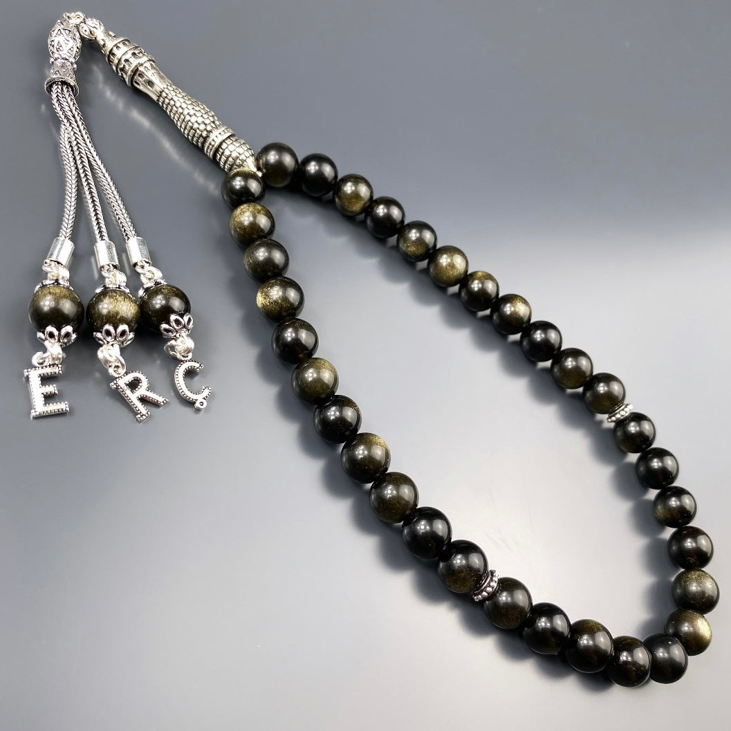 Tesbih Obsidian 3 Buchstaben personalisiert 925 Silber