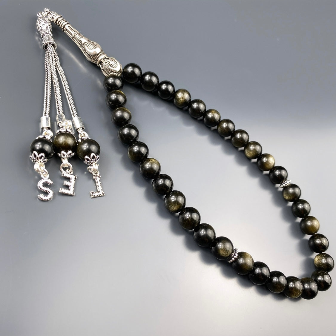 Tesbih Obsidian 3 Buchstaben personalisiert 925 Silber
