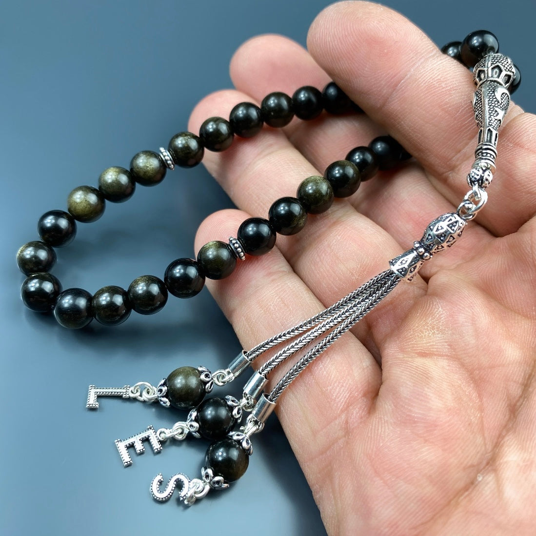 Tesbih Obsidian 3 Buchstaben personalisiert 925 Silber