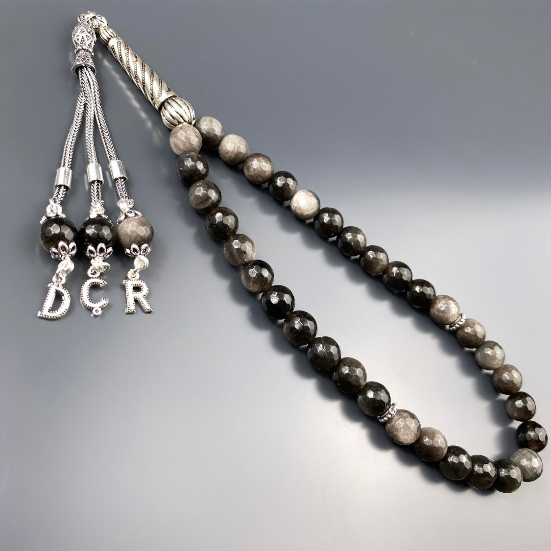 Tesbih Obsidian facettiert 3 Buchstaben personalisiert 925 Silber