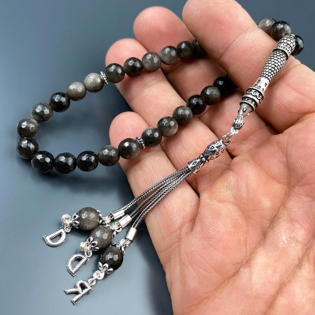 Tesbih Obsidian facettiert 3 Buchstaben personalisiert 925 Silber