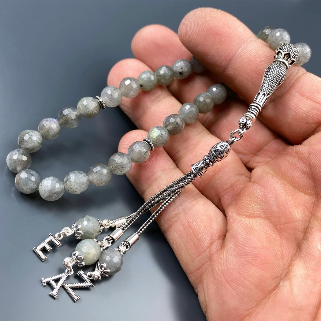 Tesbih Labradorite facettiert 3 Buchstaben personalisiert 925 Silber