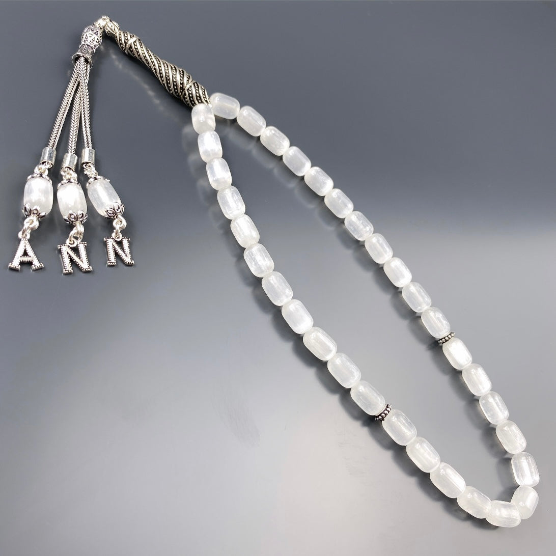 Tesbih Selenit Stein 3 Buchstaben personalisiert 925 Silber