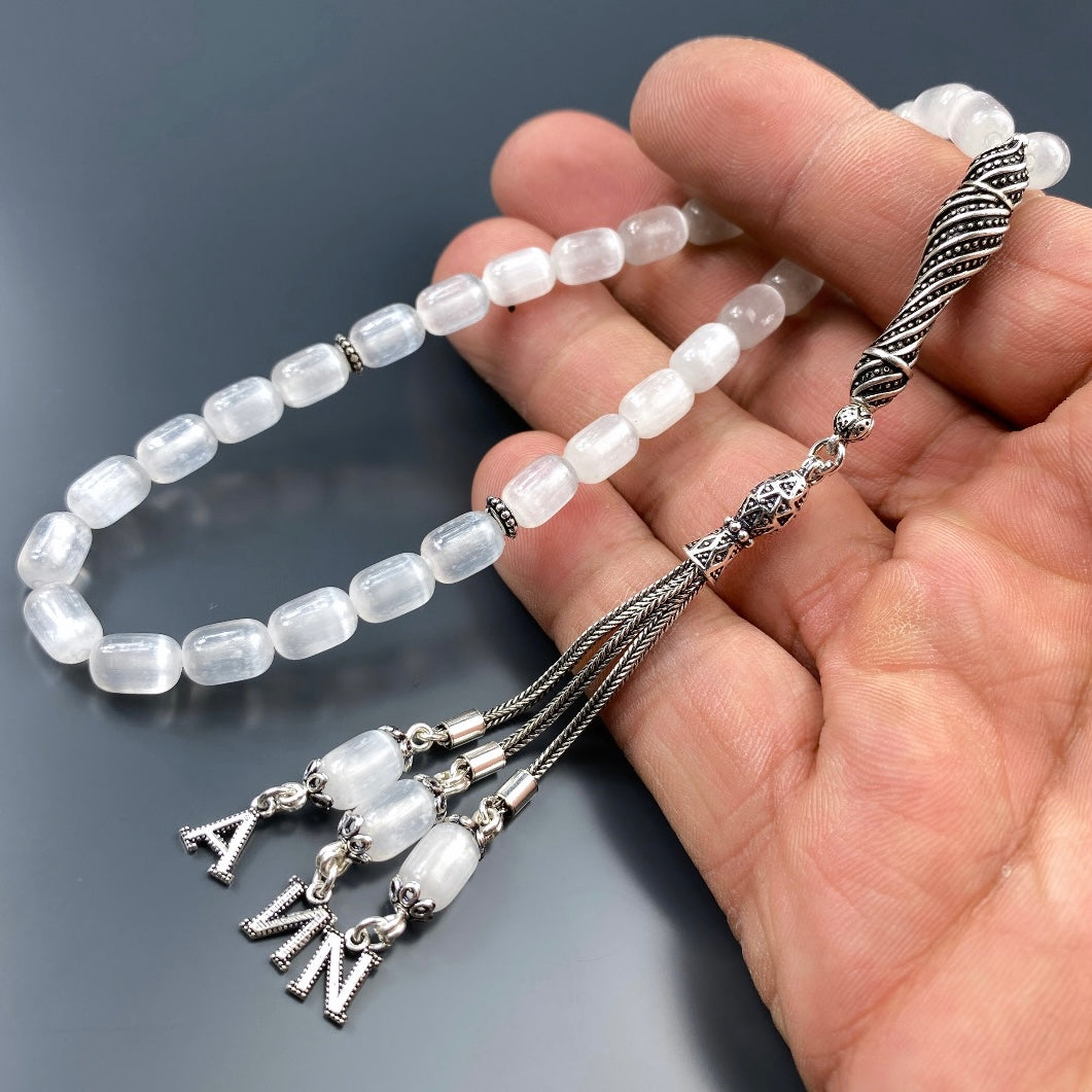 Tesbih Selenit Stein 3 Buchstaben personalisiert 925 Silber