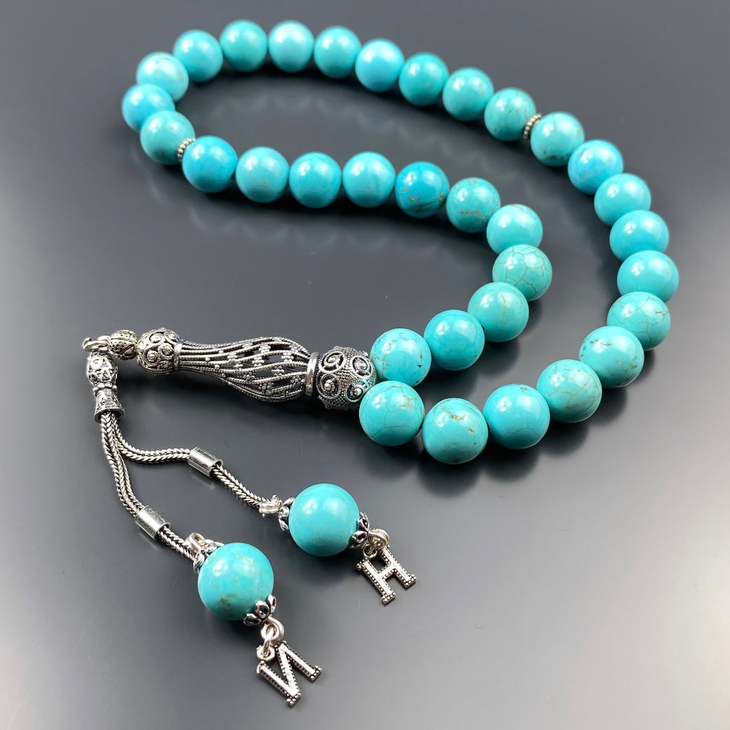 Tesbih Türkis / Firuze 2 Buchstaben personalisiert 925 Silber 10 mm Perlen Büyük Boy