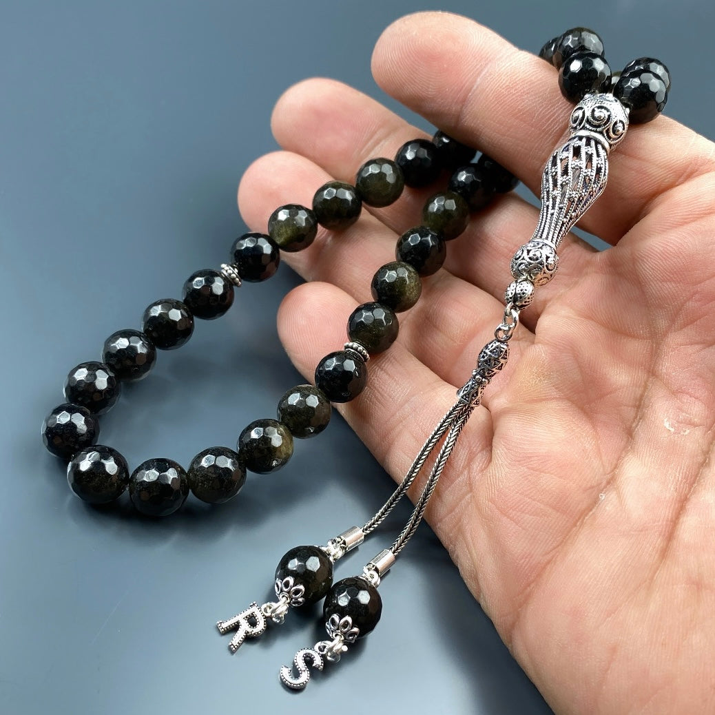 Tesbih Obsidian facettiert 2 Buchstaben personalisiert 925 Silber 10 mm Perlen Büyük Boy