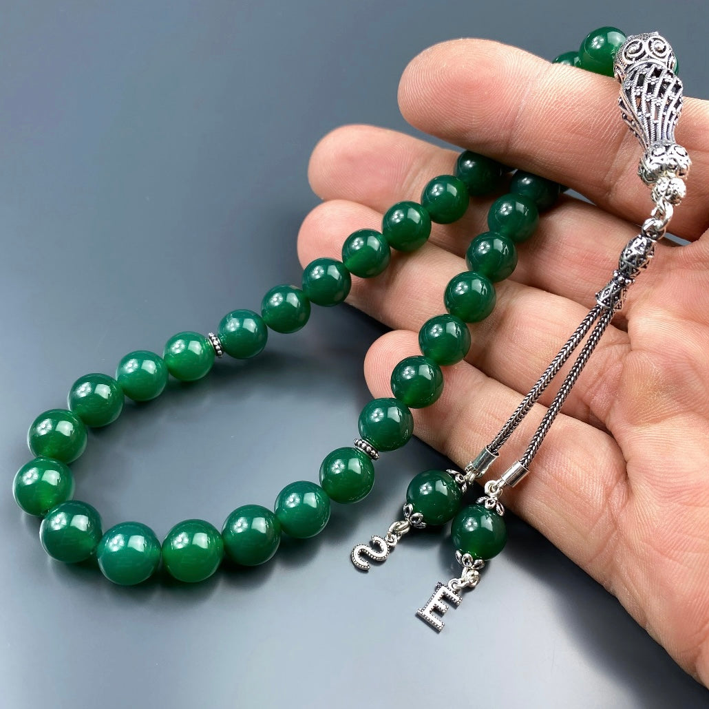 Tesbih Achat grün 2 Buchstaben personalisiert 925 Silber 10 mm Perlen Büyük Boy
