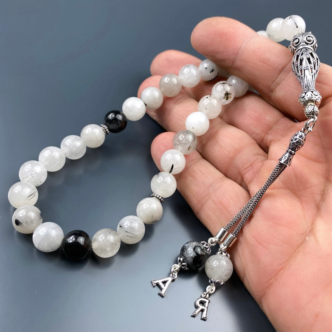 Tesbih Quarz 2 Buchstaben personalisiert 925 Silber 10 mm Perlen Büyük Boy