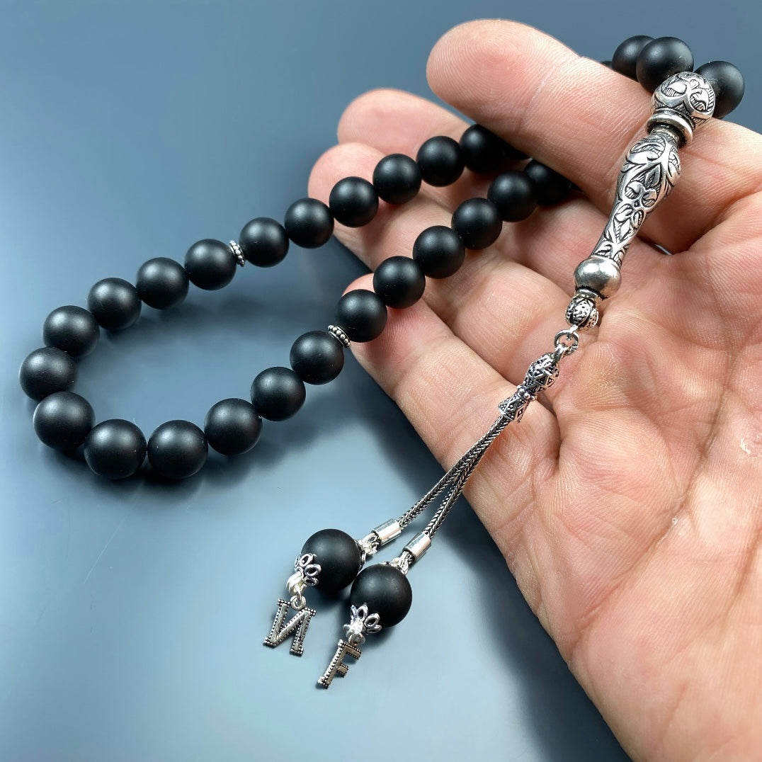 Tesbih Onyx 2 Buchstaben personalisiert 925 Silber 10 mm Perlen Büyük Boy