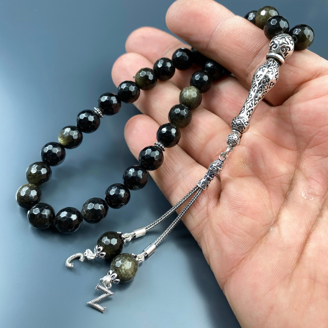 Tesbih Obsidian facetiert 2 Buchstaben personalisiert 925 Silber 10 mm Perlen Büyük Boy