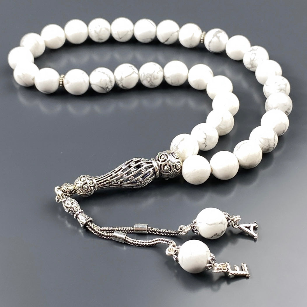 Tesbih Howlith 2 Buchstaben personalisiert 925 Silber 10 mm Perlen Büyük Boy