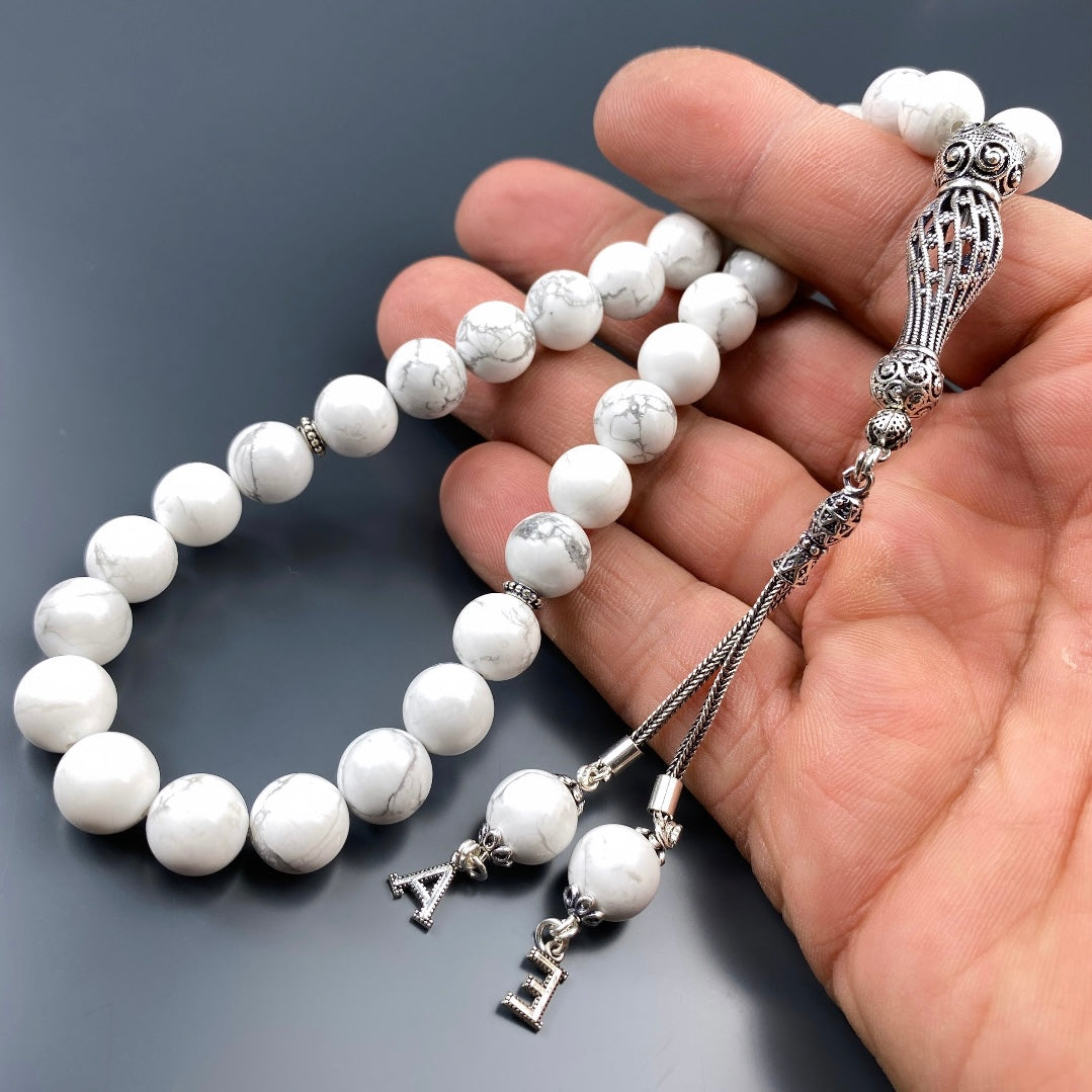 Tesbih Howlith 2 Buchstaben personalisiert 925 Silber 10 mm Perlen Büyük Boy