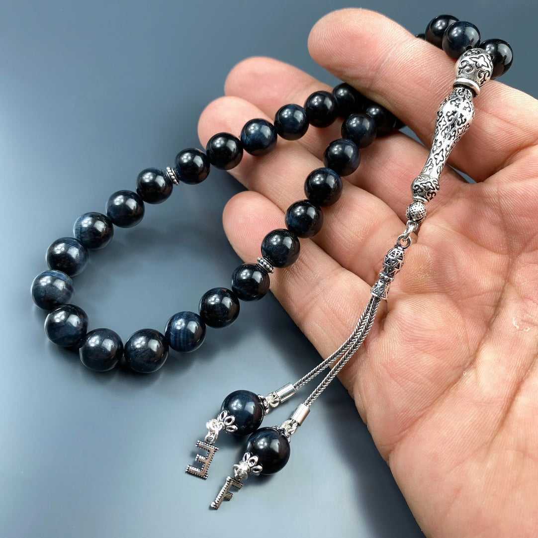 Tesbih Tigerauge Dark Blau 2 Buchstaben personalisiert 925 Silber 10 mm Perlen Büyük Boy