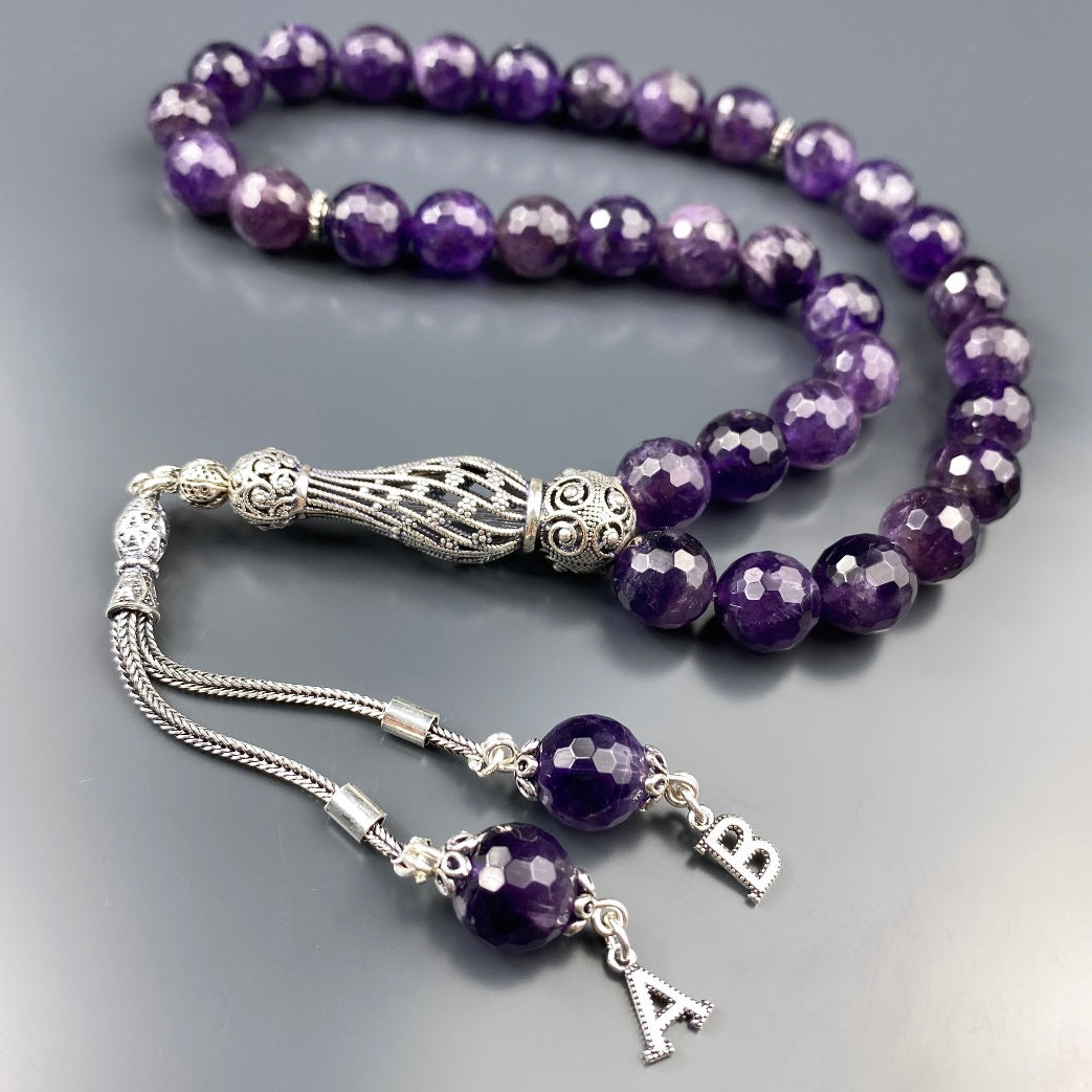 Tesbih Amethyst facettiert 2 Buchstaben personalisiert 925 Silber 10 mm Perlen Büyük Boy