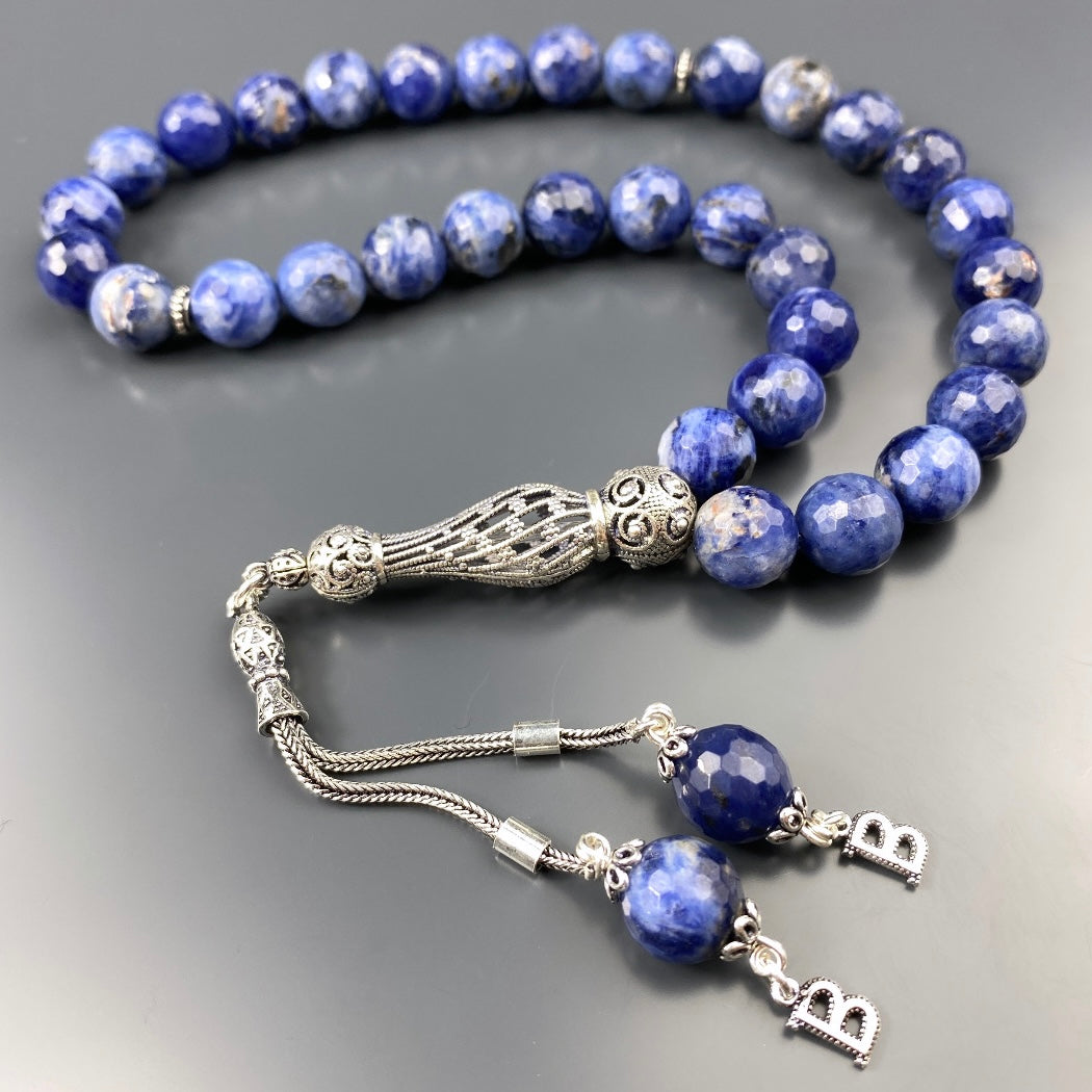 Tesbih Sodalith 2 Buchstaben personalisiert 925 Silber 10 mm Perlen Büyük Boy