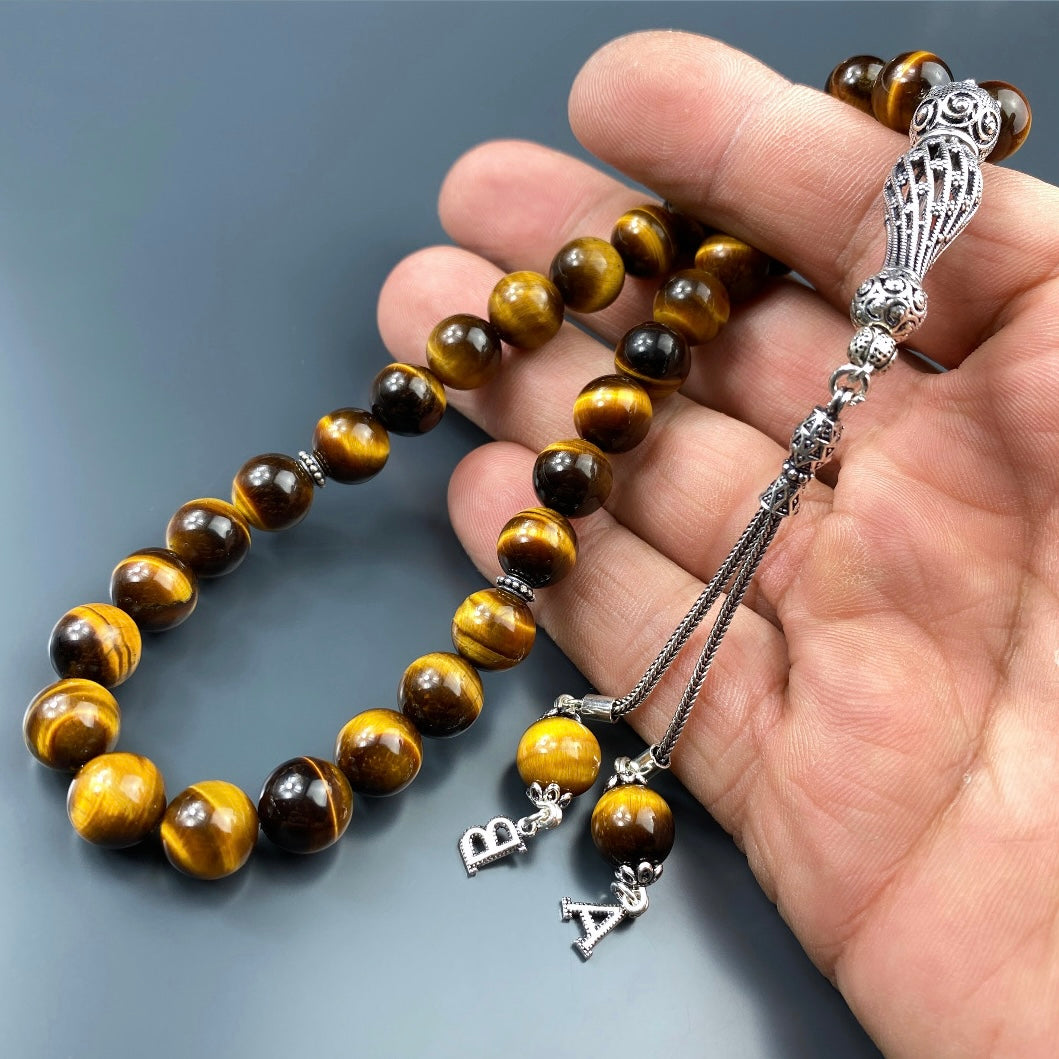 Tesbih Tigerauge Braun 2 Buchstaben personalisiert 925 Silber 10 mm Perlen Büyük Boy