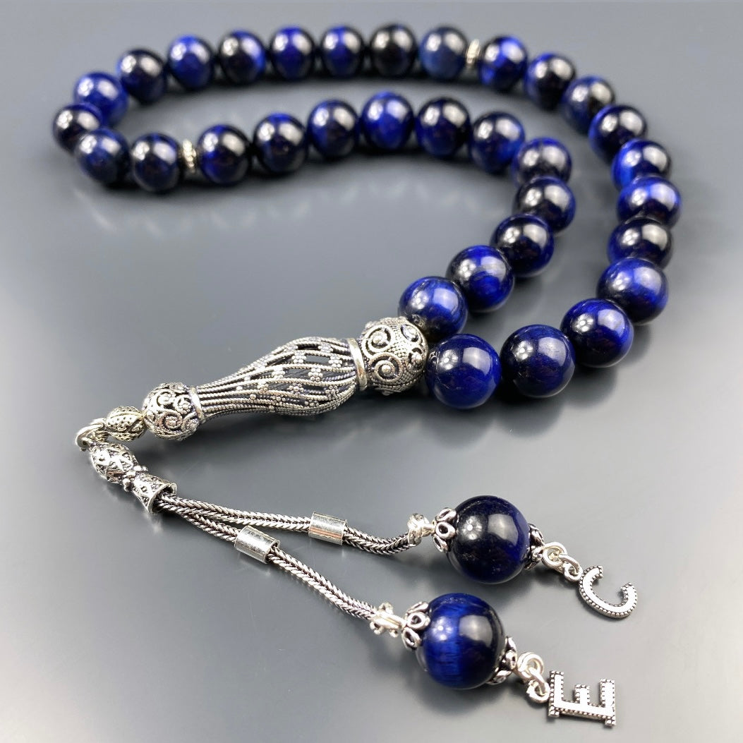 Tesbih Tigerauge Blau 2 Buchstaben personalisiert 925 Silber 10 mm Perlen Büyük Boy
