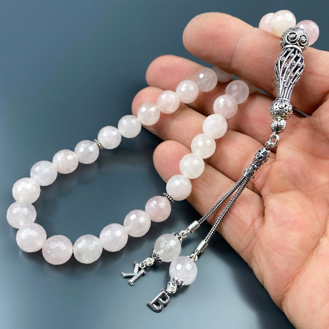 Tesbih Rose Quarz 2 Buchstaben personalisiert 925 Silber 10 mm Perlen Büyük Boy