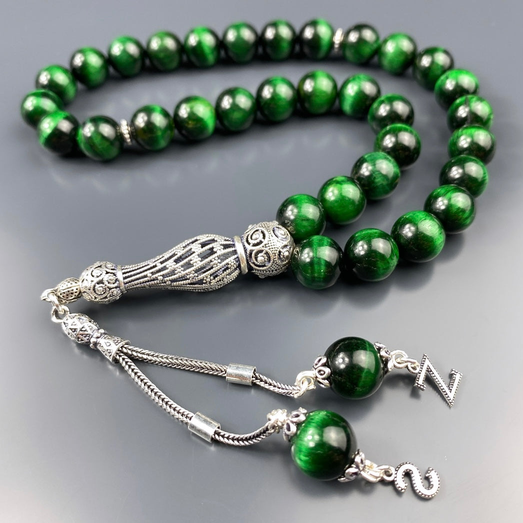 Tesbih Tigerauge grün 2 Buchstaben personalisiert 925 Silber 10 mm Perlen Büyük Boy