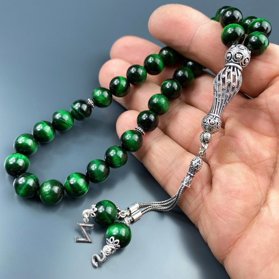 Tesbih Tigerauge grün 2 Buchstaben personalisiert 925 Silber 10 mm Perlen Büyük Boy