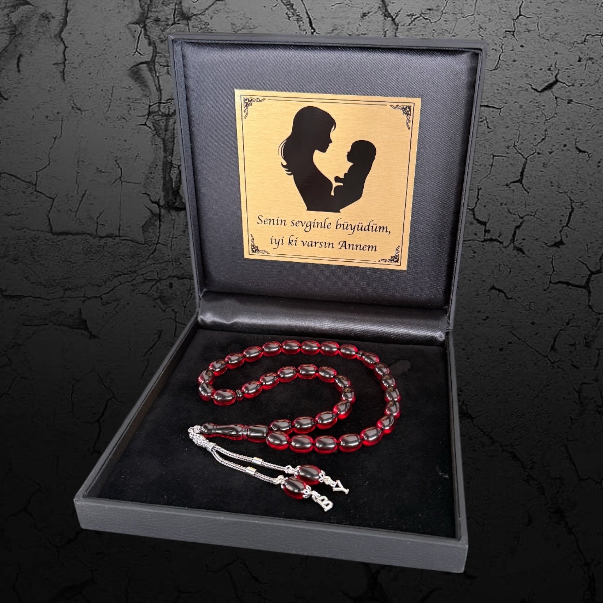 Kehribar Tesbih Sıkma Kapsül Rot 2 Buchstaben 925 Silber Anne Logolu