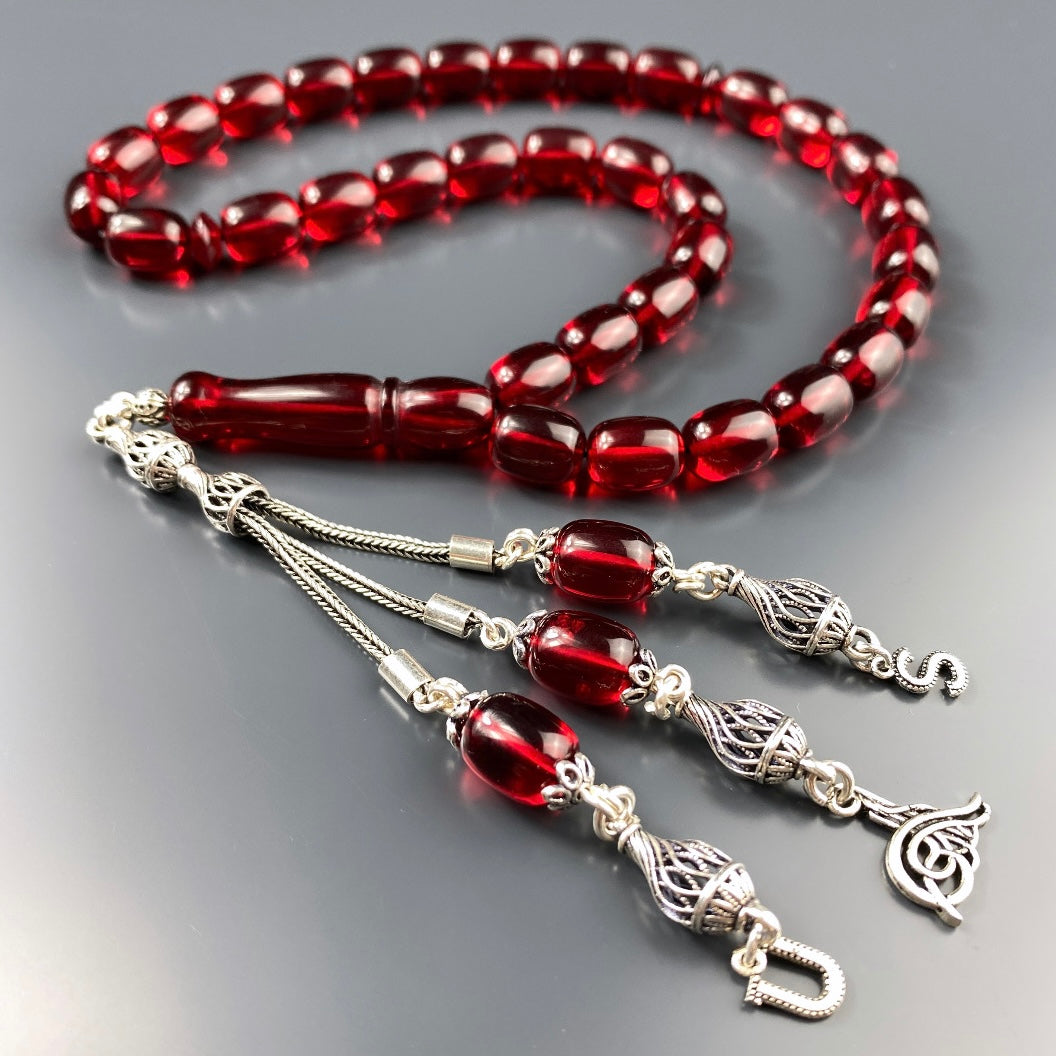 Kehribar Tesbih Rot Original mit 2 Buchstaben & Tugra Logo 925 Silber Holzbox