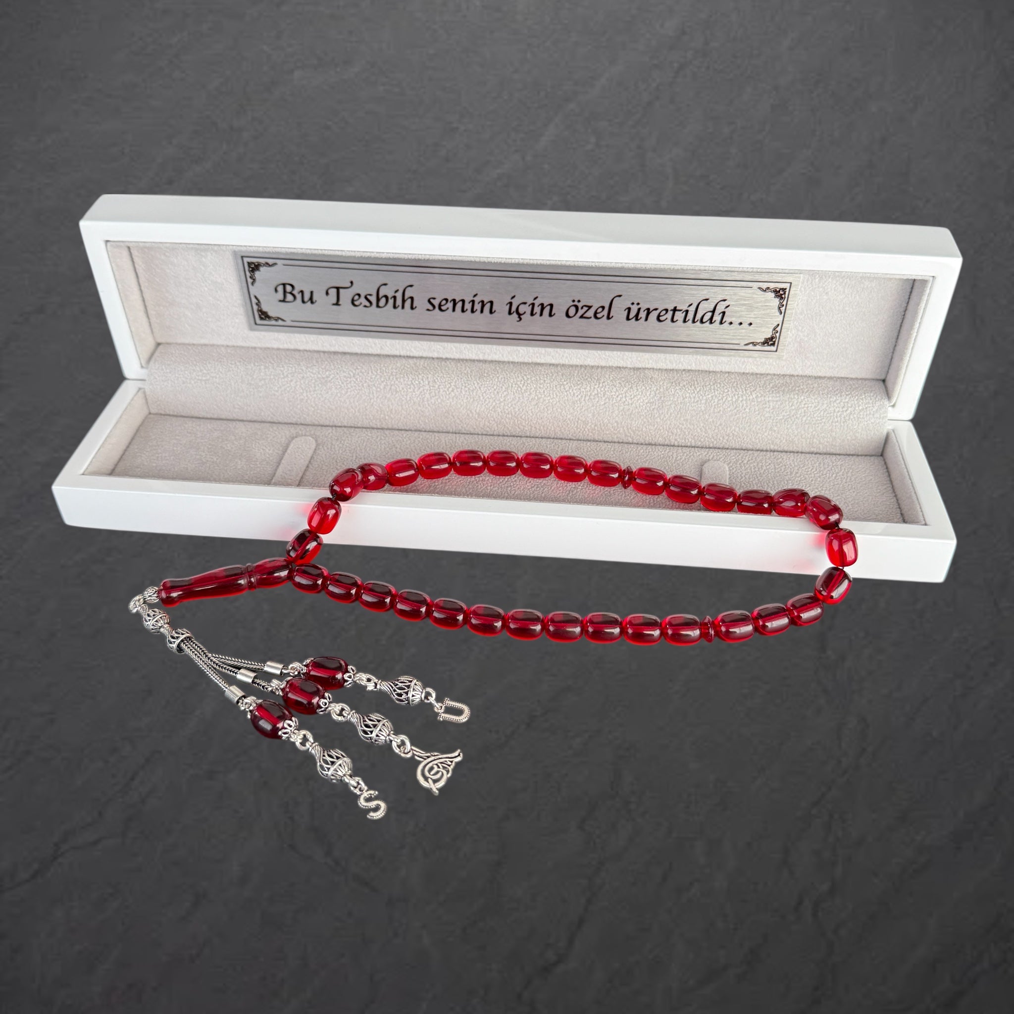 Kehribar Tesbih Rot Original mit 2 Buchstaben & Tugra Logo 925 Silber Holzbox