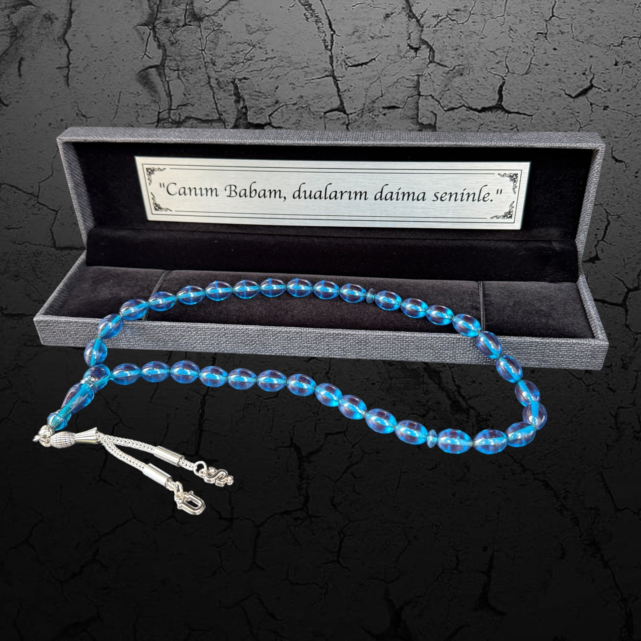 Personalisiertes Saphirblau Transparentes Ateş Sıkma Kehribar Tesbih mit 2 Initialen & Geschenkbox