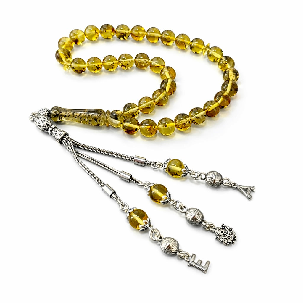 Kehribar Tesbih Gelb Original mit 2 Buchstaben und Logo 925 Silber