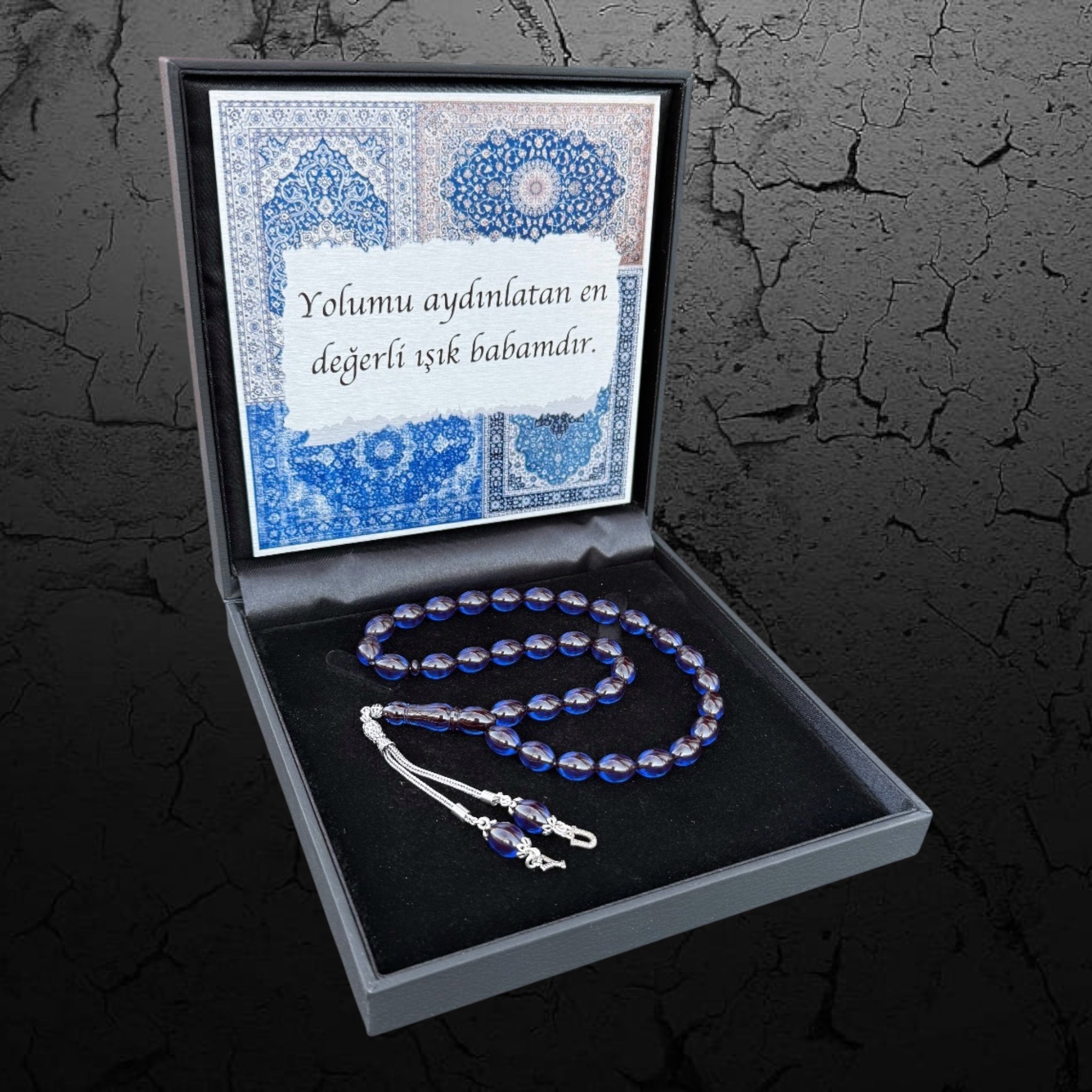 Kehribar Tesbih Sıkma Beyzi Blau 2 Buchstaben 925 Silber Orient Box