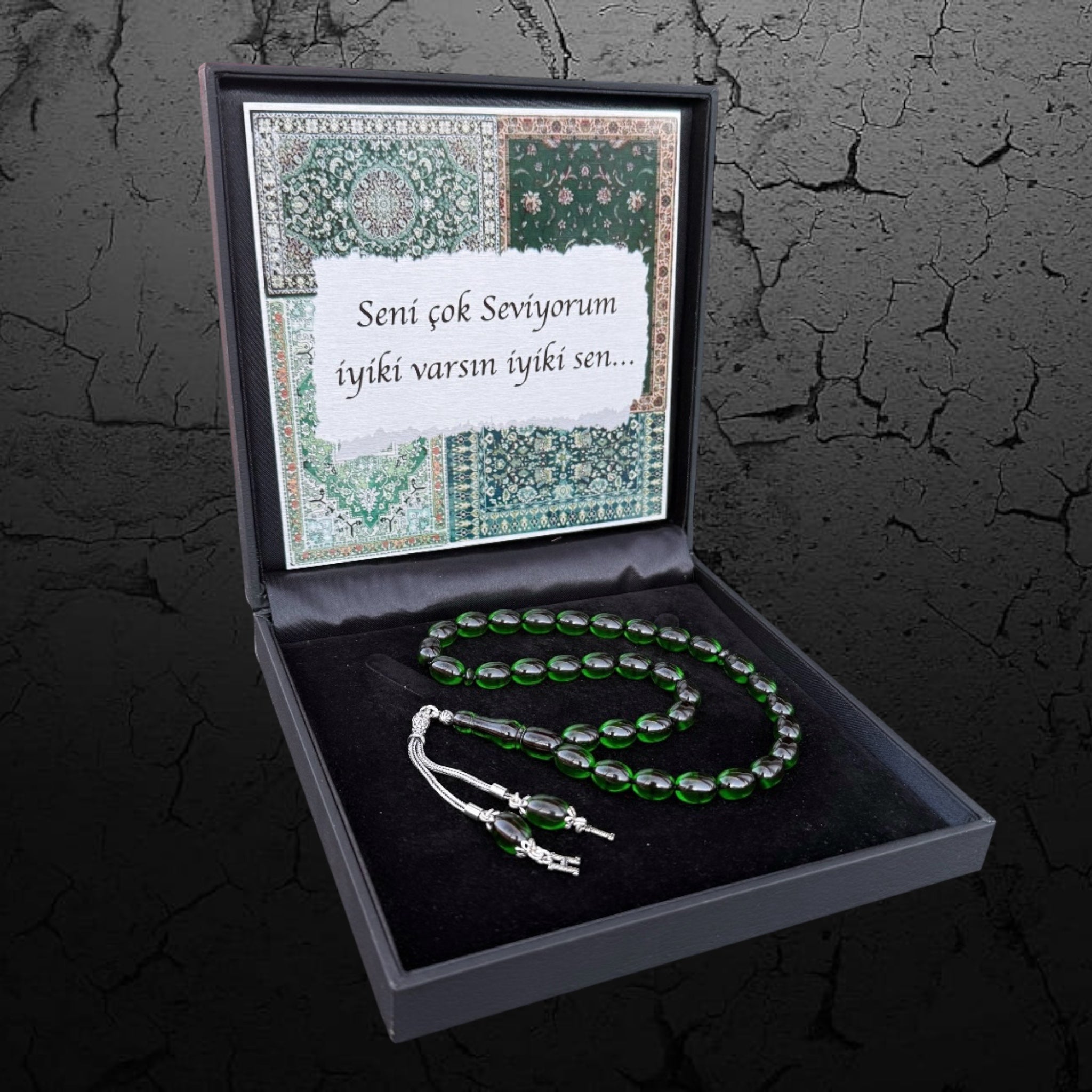 Kehribar Tesbih Sıkma Kapsül Dunkel Grün 2 Buchstaben 925 Silber Orient Box