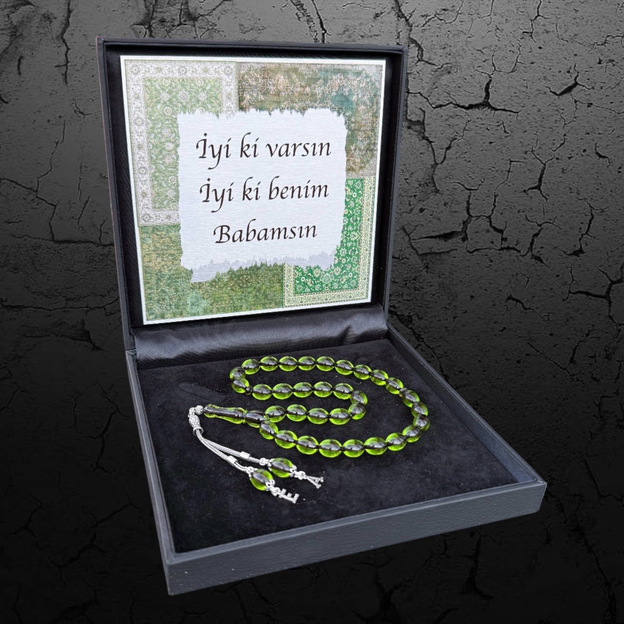 Kehribar Tesbih Sıkma Beyzi Hell Grün 2 Buchstaben 925 Silber Orient Box