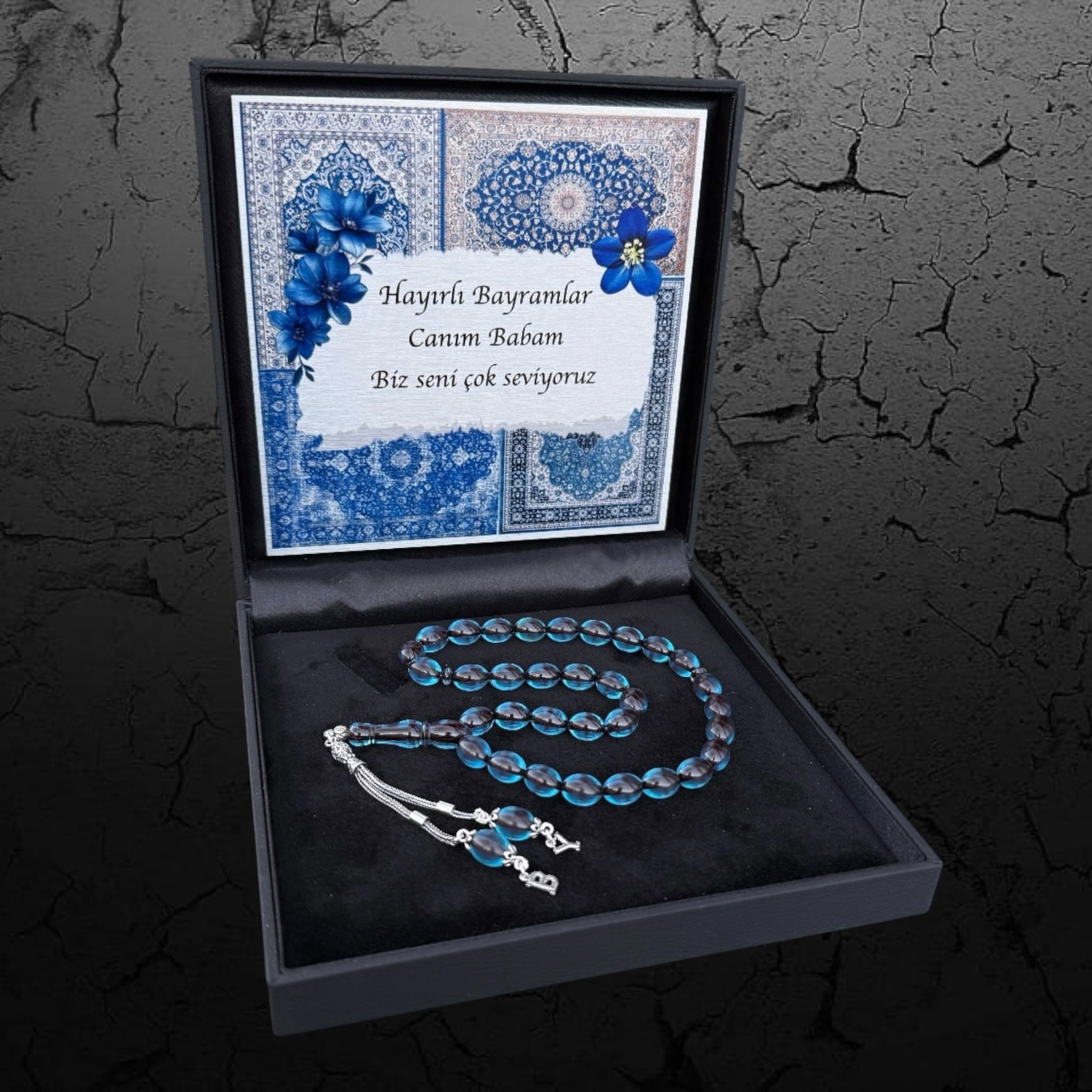 Kehribar Tesbih Sıkma Kapsül Sky Blue 2 Buchstaben 925 Silber Orient Box Blumen