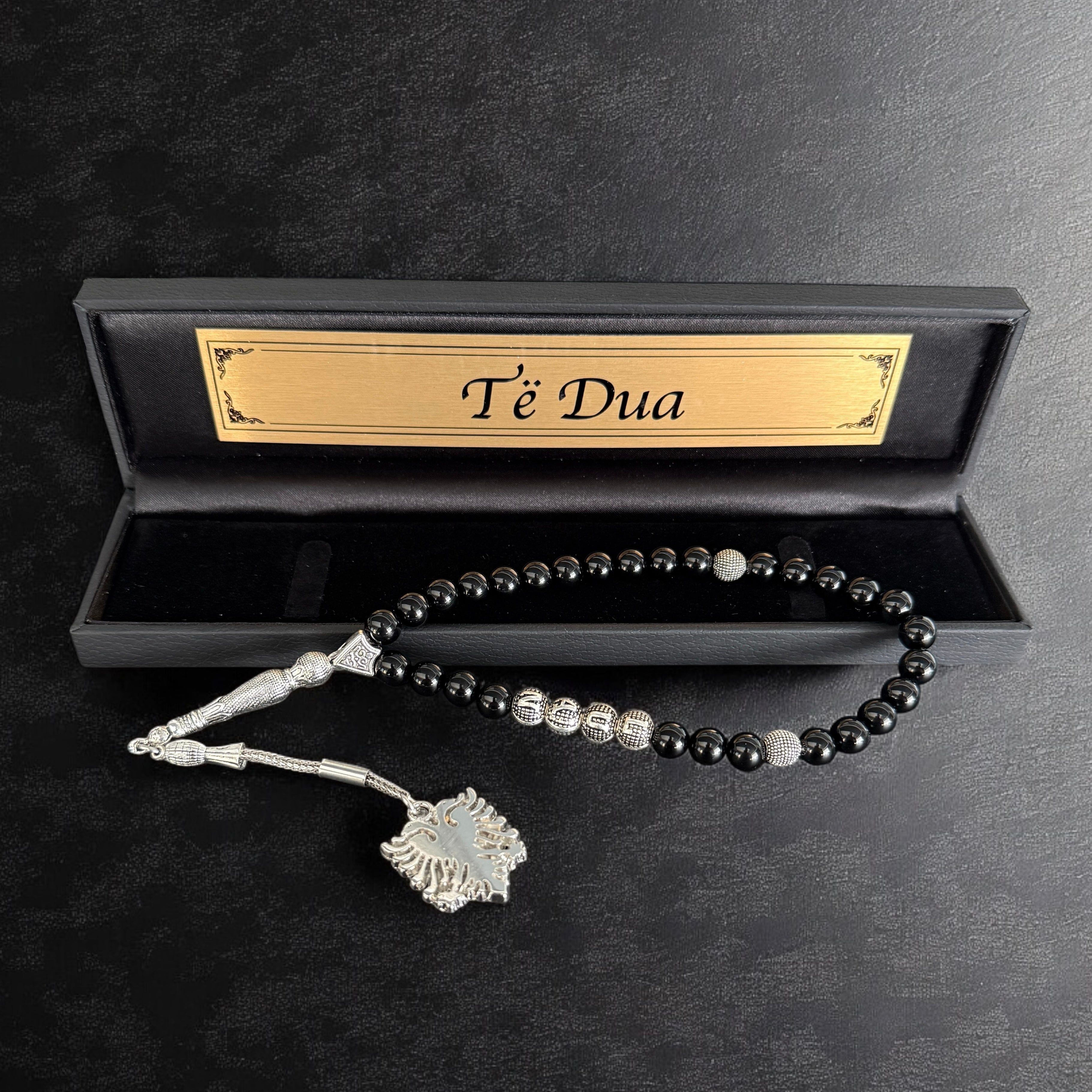 Tesbih mit Namen Albanische Adler Logo Black Old Box und Wunschtext