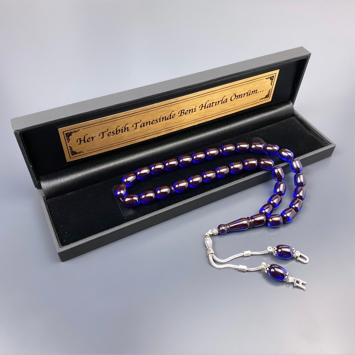 Tesbih Kehribar Sikma und Geschenkbox personalisiert mit einem Wunschtext Geschenk etui islamische geschenke perlenkette männerschmuck Kehribar tesbih Feuerzug mit Namen personalisiert Mekka mekke ayet el kürsi islamische geschenk box