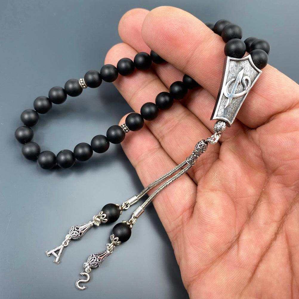 Tesbih Naturstein Onyx VAV ELIF Logo Özel Gümüs 925