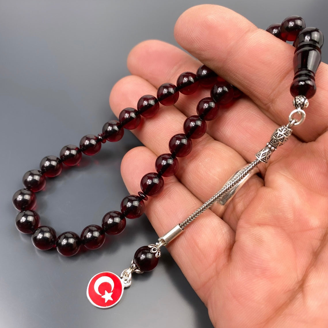 Tesbih Sikma Kehribar Gebetskette Ay Yildiz Logo 925 Gümüs