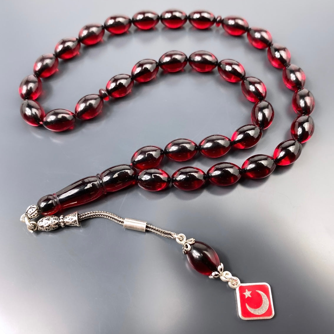 Tesbih Sikma Kehribar Gebetskette Ay Yildiz Logo 925 Gümüs