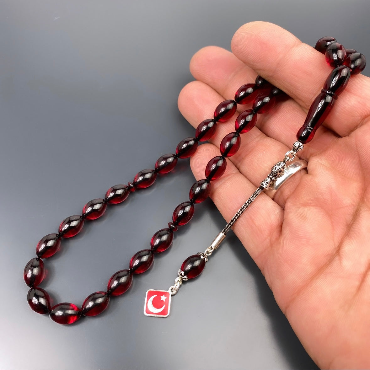 Tesbih Sikma Kehribar Gebetskette Ay Yildiz Logo 925 Gümüs