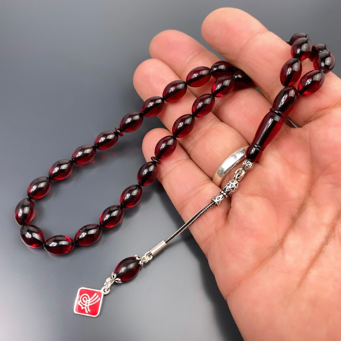 Tesbih Sikma Kehribar Gebetskette Tugra Logo 925 Gümüs