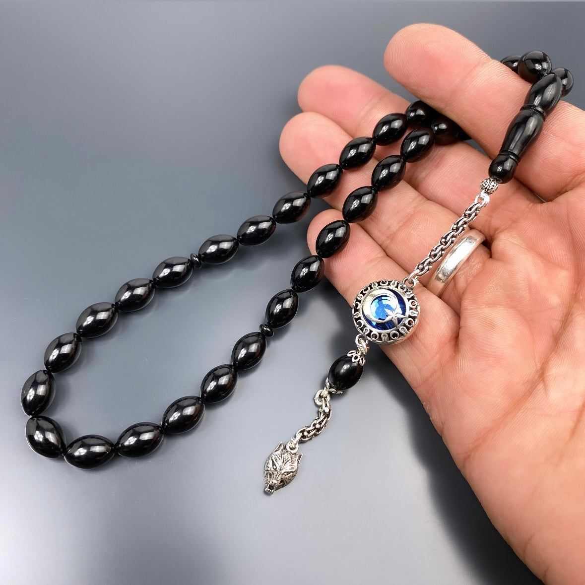 Tesbih Özel SIKMA Kehribar Siyah Ay Yildiz Kurt