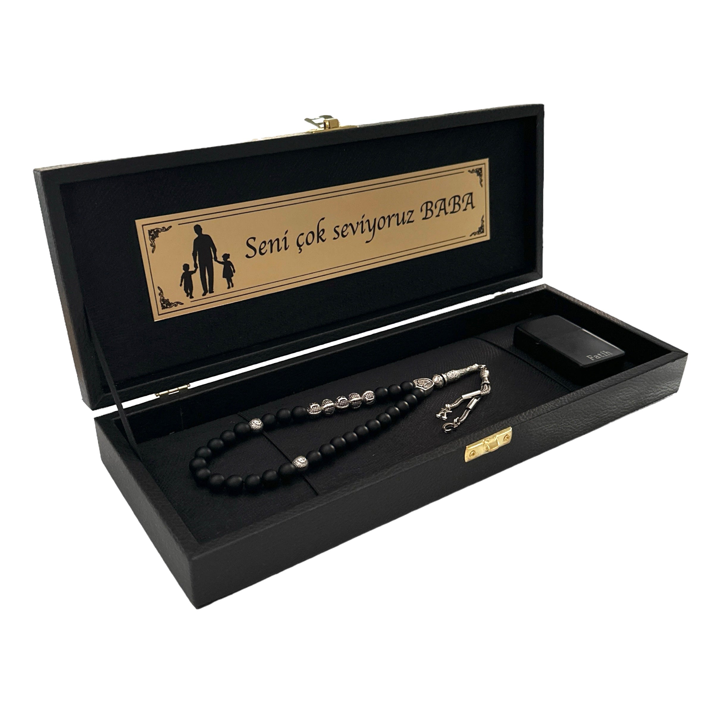 Tesbih mit Namen und Geschenkbox personalisiert mit einem Wunschtext Geschenk etui islamische geschenke perlenkette männerschmuck Kehribar tesbih Feuerzug mit Namen personalisiert