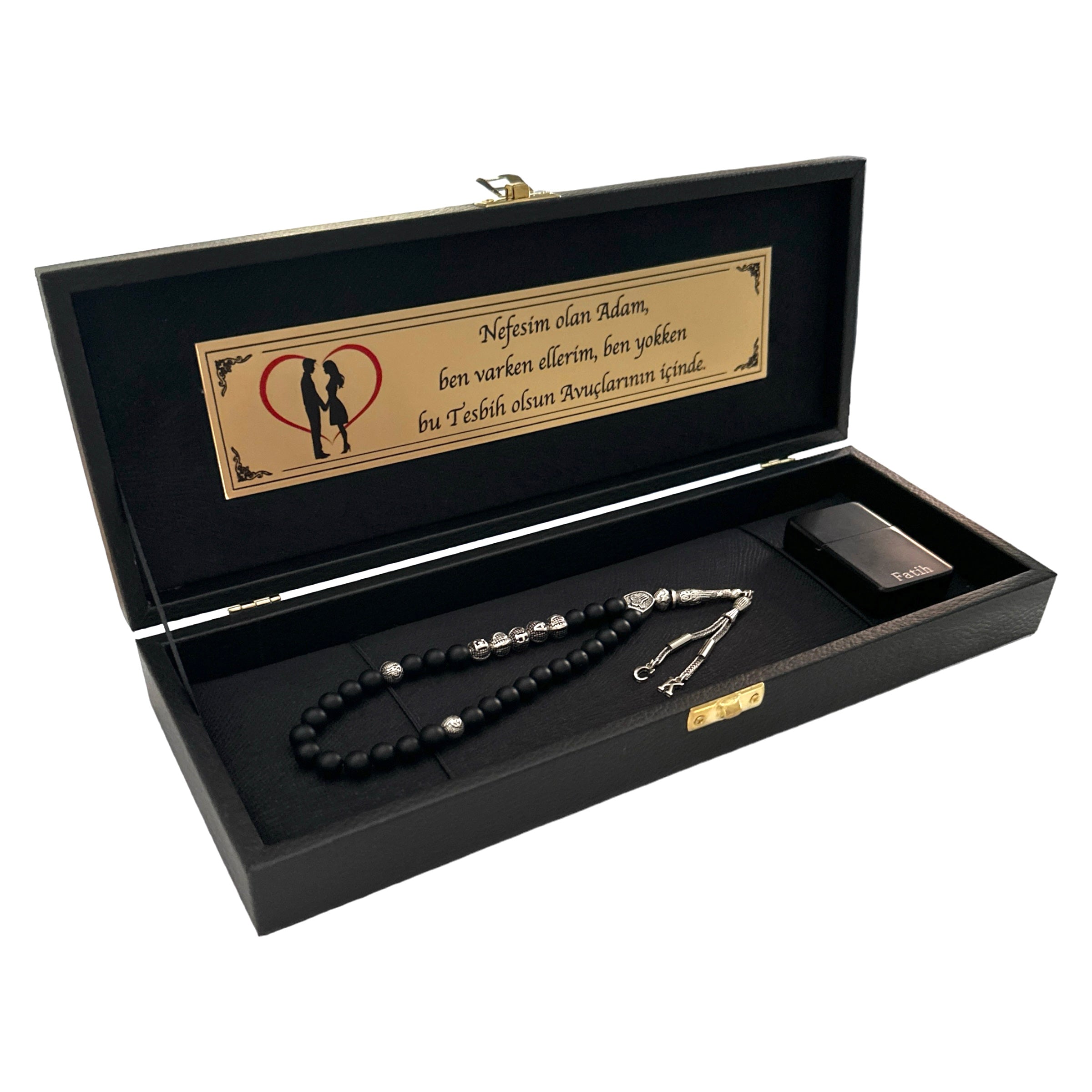 Tesbih mit Namen und Geschenkbox personalisiert mit einem Wunschtext Geschenk etui islamische geschenke perlenkette männerschmuck Kehribar tesbih Feuerzug mit Namen personalisiert